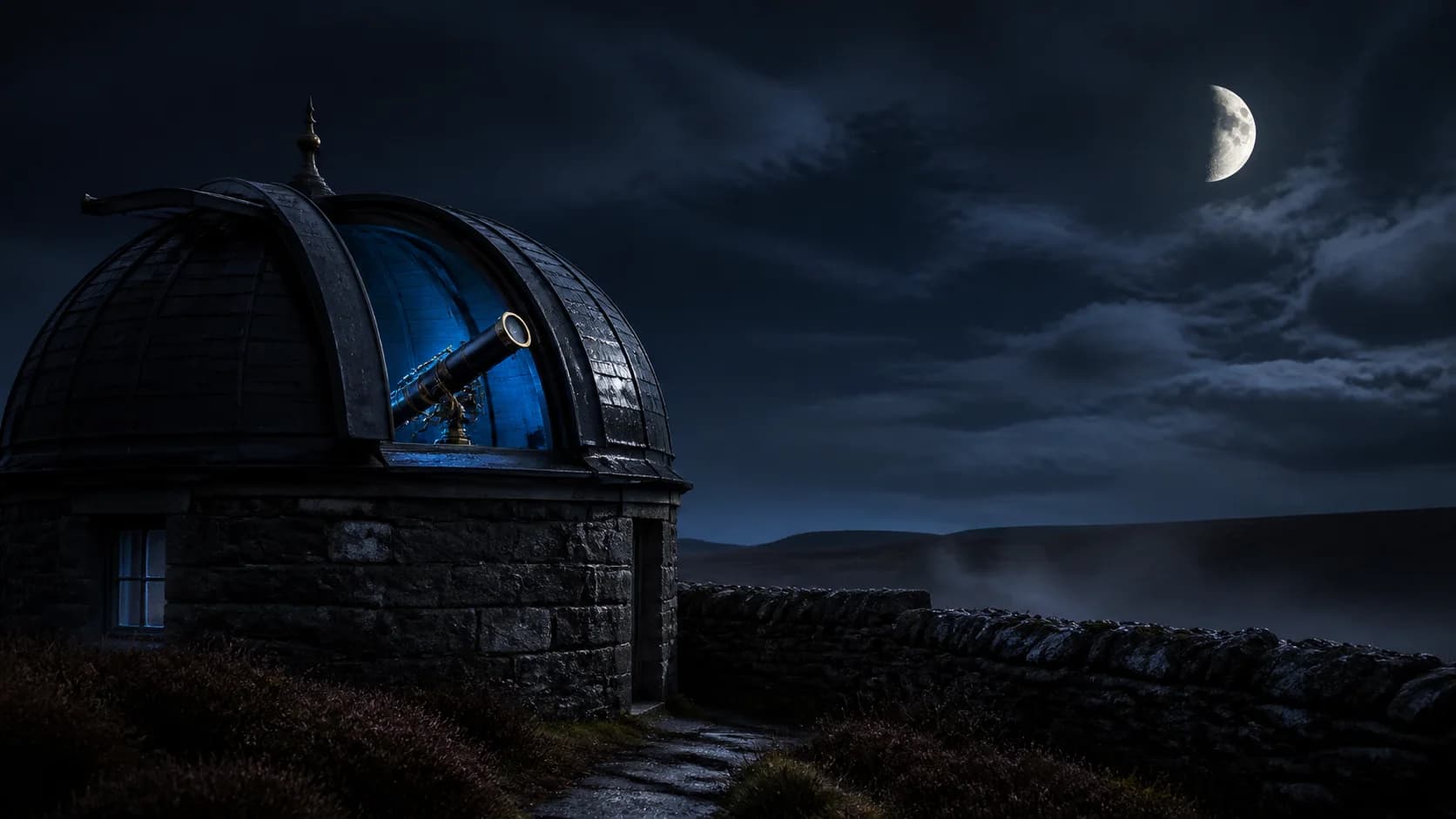 The Moon rising above a dark coastal observatory in Britain
