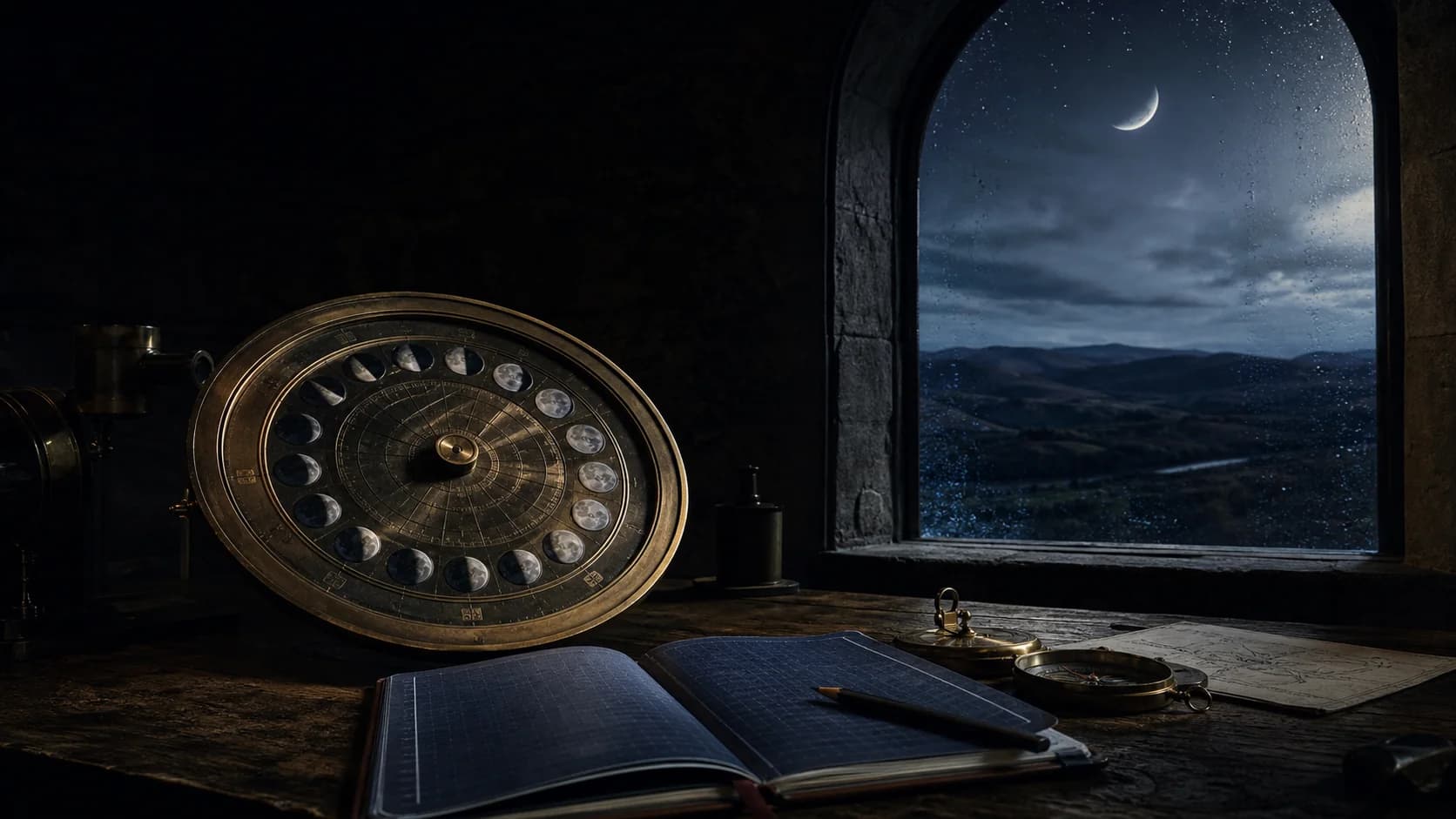 A brass lunar calendar instrument and observation notebook beside a rain-lit British night window