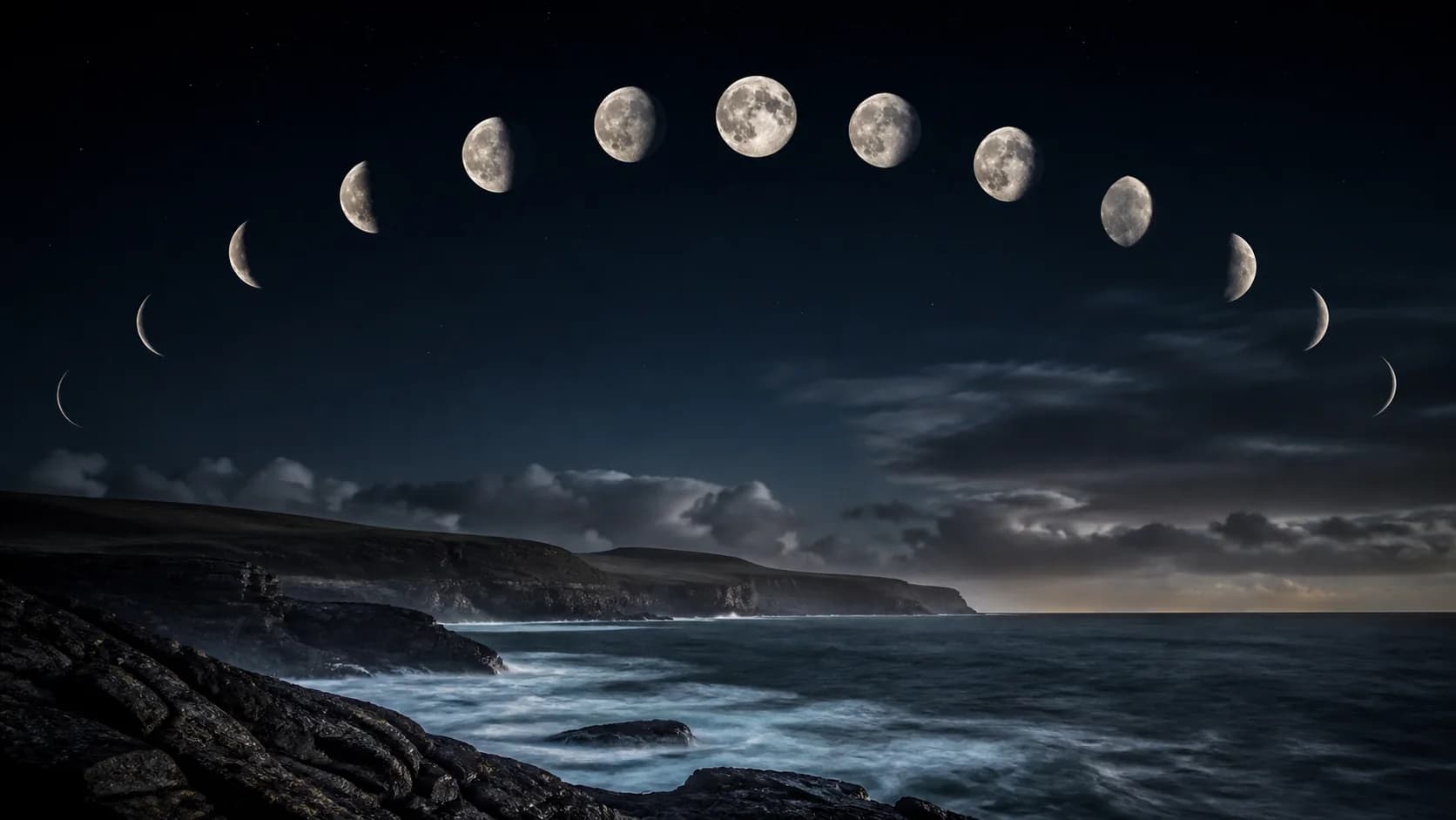 A sequence of Moon phases crossing the night sky above a rugged British coast