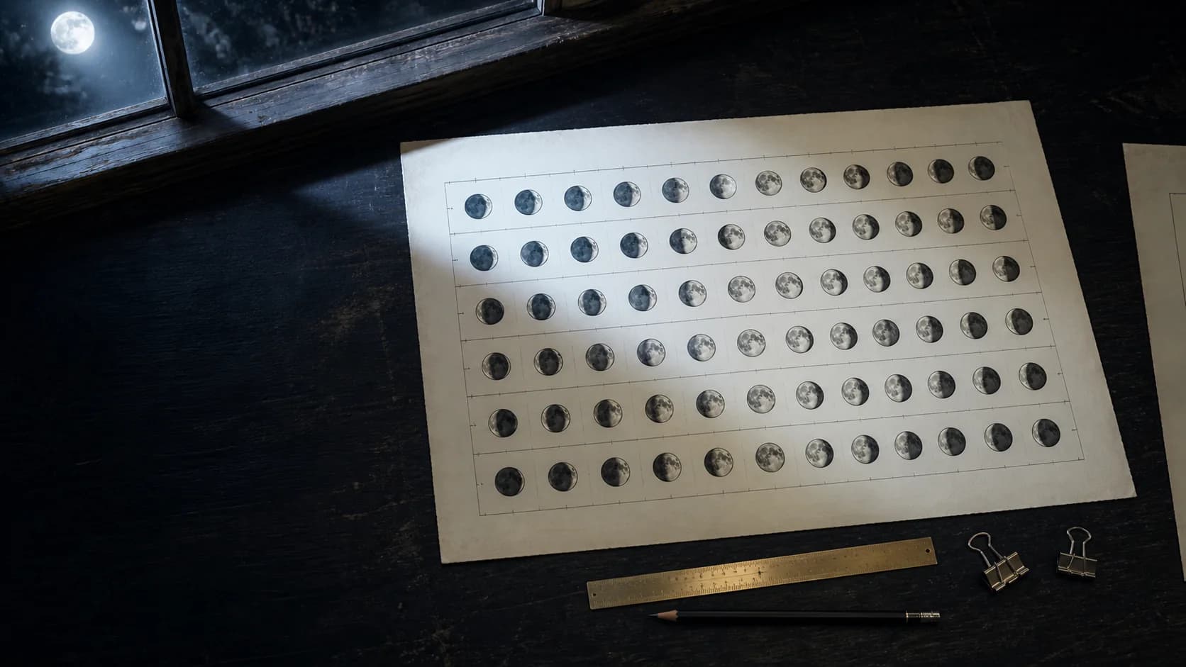 An ivory printed lunar calendar proof, brass ruler and pencil on a moonlit dark desk